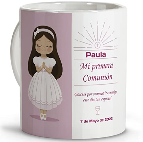 LolaPix Taza Personalizada con Nombre. Regalos comunión Personalizados con Nombre y Texto. Taza Personalizada. Varios diseños. Niña morena