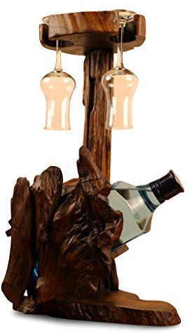 Teak Wurzelholz Flaschenständer - Flaschenhalter für Flasche und 3 Gläser - Präsentation oder Geschenkverpackung für edle Liköre und Weine (1 Flasche / 2 Gläser Braun)