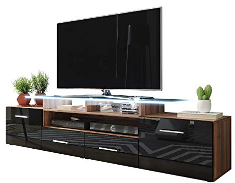 Mirjan24 TV Schrank Agnes, TV Lowboard mit 2 Türen und 2 Schubladen, fronten in Hochglanz, TV-Bank Fernsehschrank, Sideboard Tisch (Pflaume/schwarz Hochglanz, mit weißer LED Beleuchtung)