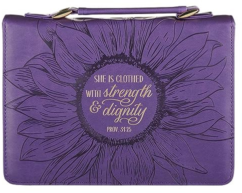 Christian Art Gifts Damen Mode Bibelhülle Stärke und Würde Sprüche 31:25, lila/goldene Sonnenblume Kunstleder, Größe M