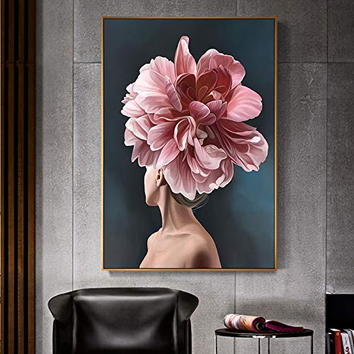 HYFBH Impression sur Toile Art Mural Photo Rose Fleur Blanche Dame Affiche Mode Femme Abstraite Peinture Moderne Salon déco 50x70cm (20x28in) sans Cadre
