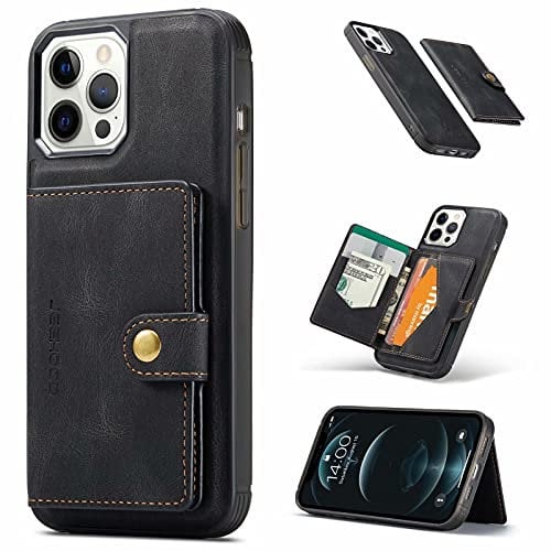 HERCN Custodia in pelle PU per iPhone 12/12 Pro 6.1 ;Portacarte -Cavalletto -Copertura del telefono cellulare Funzionale con piccolo portafoglio magnetico unico. (Nero)