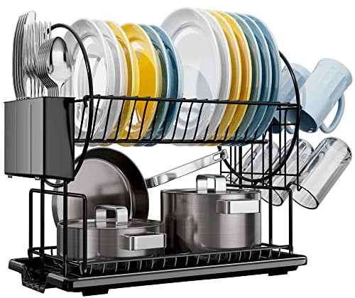2 Tier Black Dish Drainer Rack with Drip Tray, Stainless Steel Draining Dish drainer with Draining Board and Utensils Holder, Dish Drying Rack for Small Kitchen Countertop