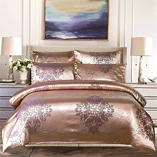 PEIHUODAN Jacquard Duvet Cover Set Single Double king Size Microfiber Bedding Set Satin Jacquard Bedroom Vintage Floral Satin Quilt Cover and Matching Pillow Cases (Rose Gold,King)