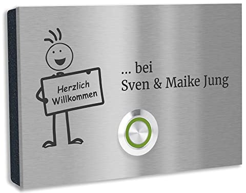 Jung-Edelstahl-Design V2A Edelstahl Türklingel London1 Motiv Herzlich Willkommen. Klingelschild mit Gravur 12x8 cm. Led Klingeltaster. Klingelplatte Aufputz oder Unterputzmontage.