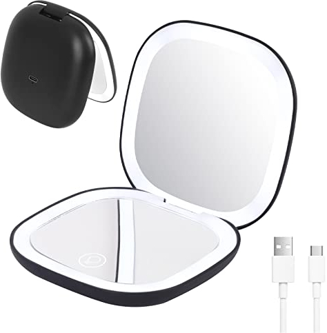 ZAKVOP LED Miroir de Poche, Grossissant x10 Miroir Maquillage Lumineux, Miroir de Voyage Réglable de Couleur Claire, Miroir a Main Rechargeable, Petit Miroir de Poche Pliable(Noir)
