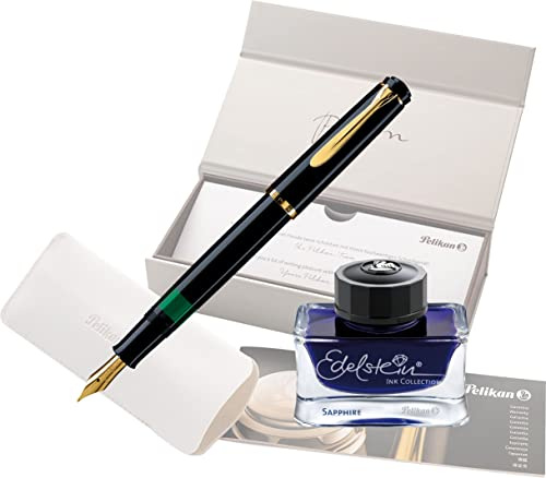 Pelikan Füllhalter Classic 200, Schwarz, Feder F (fein), hochwertiger Kolbenfüller im Geschenk-Etui mit Edelstein Ink Sapphire (blau)