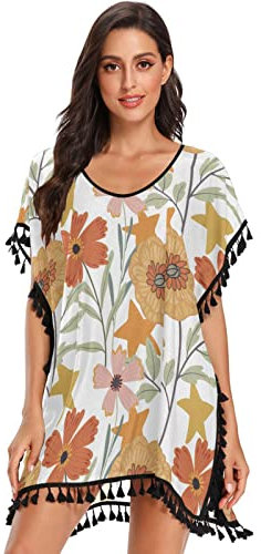 linqin Casual Chiffon Tassel Swimsuit Coverup Skirt for Women Flowers Leaves Chiffon Shirt for Pool, Flowers Leaves, Large