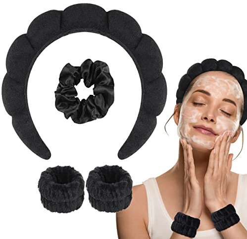 WD&CD Stirnband, Damen Spa Haarband Haarband, Make up Stirnband Handgelenk Waschband Set für Hautpflege, Gesichtsreinigung, Dusche-Schwarz