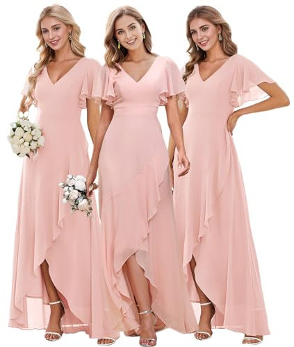 Ever-Pretty Robe de Bal Femme Longue Asymétrique Manches Courtes Col V Fendue Fluide Chic Rose Clair 58