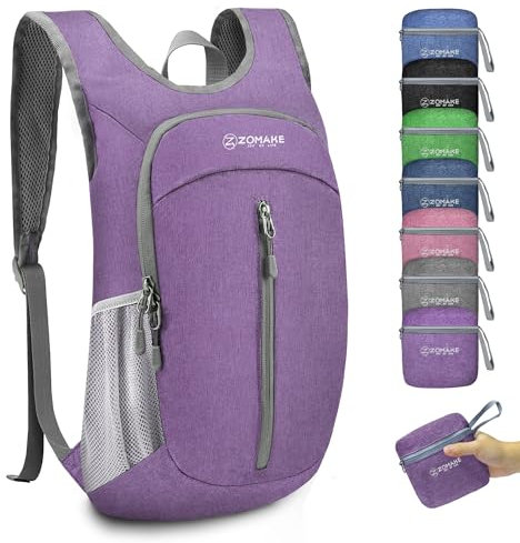 ZOMAKE Tasche 10L Faltbarer Rucksäcke Kleiner Tagesrucksack für Wandern Reisen und Städtetrips,Mini Leichter Rucksack für Damen Herren Kinder und Jugendliche(Violett)