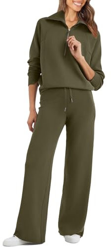 Glamaker 2-teiliges Damen-Sweatanzug-Set, übergroß, halber Reißverschluss, Sweatshirt mit weitem Bein, Lounge-Set, Trainingsanzug, Grün (Army Green), X-Large