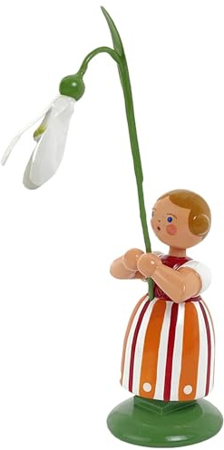 Seiffener Volkskunst Jan Legler | Wiesenblumenmädchen Blumenkinder | Handwerkskunst aus dem Erzgebirge | Holzfigur Frühlingsdeko | 12 cm | mit Schneeglöckchen