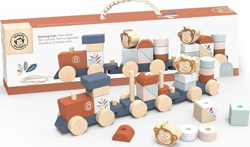 Speedy Monkey Stapelzug 40x6,5x10,3cm bunt, Holz Spielzeug für Kinder, Liebevolle Details- tolle Geschenkidee, Mehrfarbig/Meereswellen (Ocean Tides)