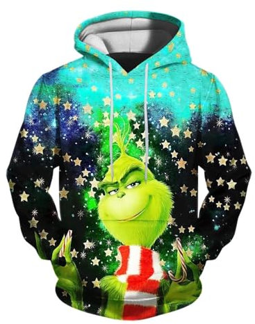 QWUVEDS Herren und Damen Weihnachten Christmas Hoodies Lustige kreative 3D Pullover Sweatshirt für Jungen Mädchen Langarm Hoodie Kordelzug Sweatshirt Grinch Pullover Decken Hoodie Grinch Kleidung
