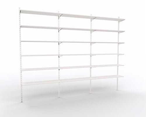 goodsforbusiness Wandschienensystem Sets New York Regalsystem Chrom inkl. Bodenträger und Regalböden, Wandschienen H-Lochung, Verkaufswand erweiterbar, Ladenbausystem für Textilien (Weiß, 3er Set)