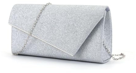 TOFBS Pochette Donna Elegante con Catena Classica Busta Glitterata Clutch Borsa Piccola da Sera Borsetta Tracolla Borsa Borse di Cocktail Festa Cerimonia Matrimonio Argento