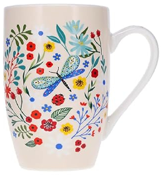 KIUB Très grand mug porcelaine arrondi - motif libellule et papillon parmi les fleurs d'été - hauteur 12CM - contenance 490ML - boite assortie