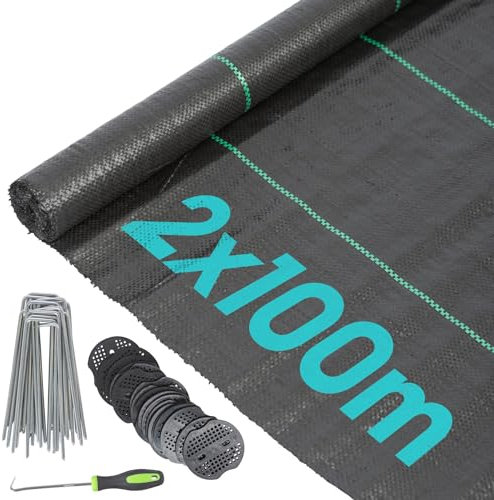 Harbour Housewares Noir 2m x 100m 110gsm Membrane de Contrôle des Mauvaises Herbes Set avec Chevilles et Assiettes - À Toute épreuve Jardin Tissu Herbe Couverture de Sol Feuille Rouler
