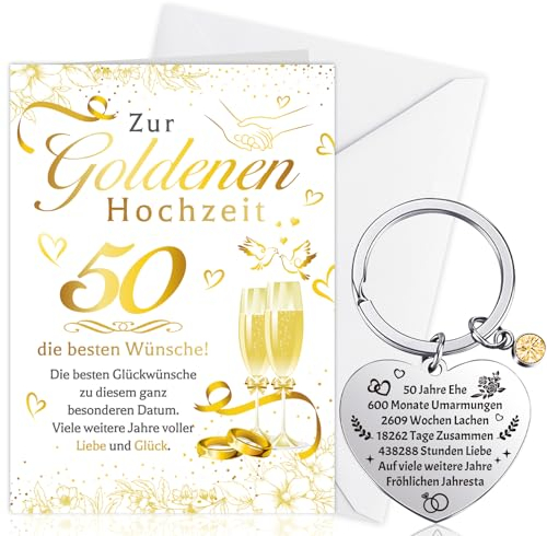 HOWAF Goldene Hochzeit Karte, Glückwunschkarte Hochzeit 50 Goldene Hochzeit Geschenke zur Goldenen Hochzeit Geschenk Goldene Hochzeit Schlüsselanhänger Karte Goldene Hochzeit Deko für Ehefrau Ehemann