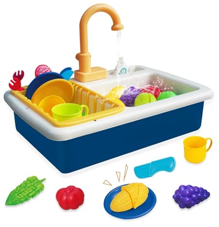 Fregadero de Juguete de Cocina con Agua Corriente, Fregadero Cocina Juguete con Lavaplatos y Grifo de Agua, Cocina de Juguete para Niños, Juegos de rol para Niños y Niñas de 3 4 5 6 Años(Azul)