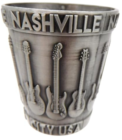 Westmon Works Nashville Tennessee Souvenir Shot Glass Pewter Metal with Engraved Landmarks of Music City
