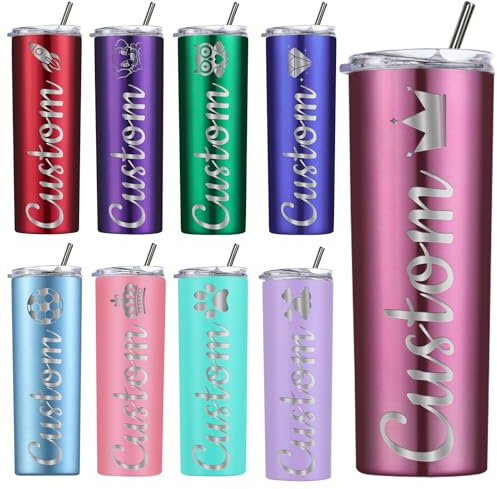 Amlion Personalised Tumbler - Laser Engraved with Name,20oz Custom Stainless Steel Cups Personalised Skinny Tumblers with Lids and Straws for Women Men Gifts - 13 Colors & 42 Icons