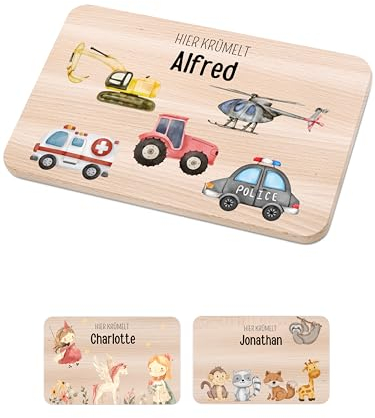 Bärenfreunde - Individuelles Holzbrett mit hochwertigem Spezial-Druck für Kinder - Personalisiertes Frühstücksbrettchen - Niedliche Motiv-Brettchen mit Namen (5 Fahrzeuge)