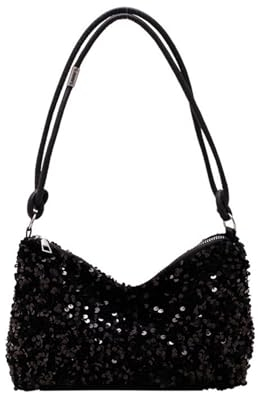 HYSoogut Umhängetasche Mode Schultertasche Damen Handtasche Party Henkeltasche mit Pailletten Tasche mit Reißverschluss Schwarz