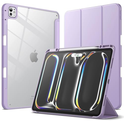 JETech Hülle für iPad Pro 13 Zoll M4 (2024) mit Stifthalter, Klar Transparent Rückenschale Dünn Ständer Stoßfest Tablet Abdeckung, Auto Wachen/Schlafen (Violett)