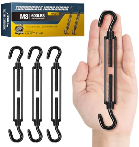 4PCS M8 304 Stainless Steel Hook & Turnbuckle Hook,600lbs Capacity Heavy Duty Black Turnbuckles for Wire Rope Tension,Sun Shade Tent Hardware, Shade Sail Installation.