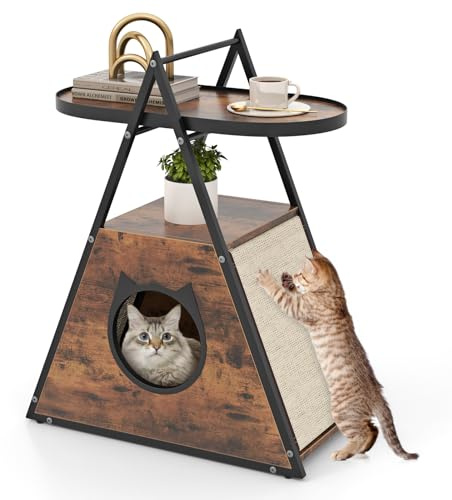 COSTWAY Katzenschrank, Katzenhaus & Beistelltisch & Nachttisch, Schrank mit Katzenhöhle & 2 Kratzmatten & 2 Regalen, A-Frame, Katzenmöbel für Katzen Hunde Haustier, 60 x 63 x 76 cm, Vintagebraun