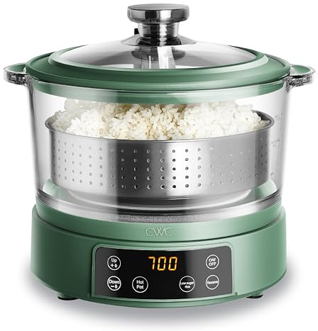 COOK WITH COLOR 3L Glass Mini Low Carb Rice Cooker – Holds 2 Cups Raw/Makes 6 Cups Cooked with Auto Lift Filter Basket, Hotpot & Steamer for Rice, Grains, Digital Panel with Keep Warm, Dark Sage