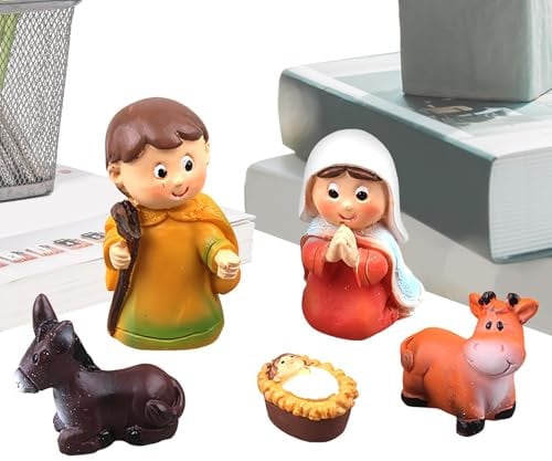 Tyinerc Krippenfiguren-Set,Krippensets & Figuren - Tisch Heilige Familie Weihnachtsornament, 5er-Set - Kleine Miniaturstatue der Heiligen Familie, religiöse Feiertagsartikel für Festliche Dekoration