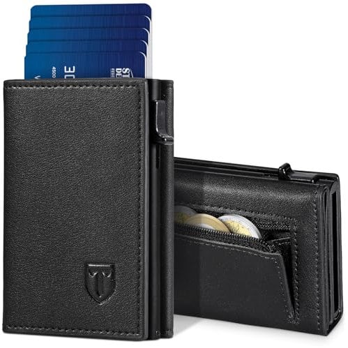 TEEHON Geldbörse Herren, Portmonee Herren mit Münzfach & RFID Schutz, Leder Portmonee Slim Wallet Geldbeutel, 10 Fächer für Kreditkarten, Magnetischer Wallets for Men, Kartenetui Herren - Schwarz
