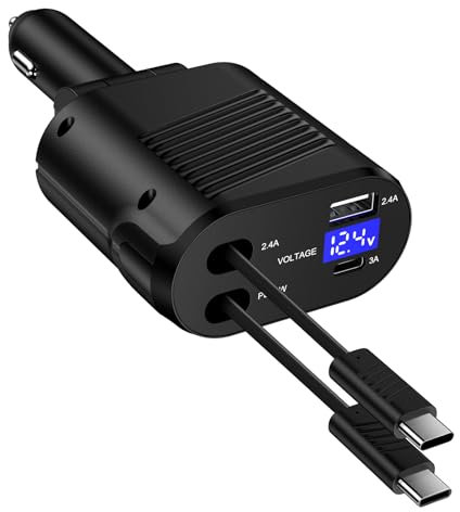 Retractable Car Charger USB C, 4 in 1 Fast Car Phone Charger Adapter, Type C Cigarette Lighter Accessories for Samsung Galaxy S25 S24 Ultra S23 FE S22 S21 A14 A15 A34 A35 A54 A55 5G, iPhone 16 15