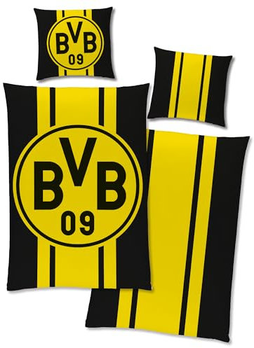 Borussia Dortmund BVB 09 Wende-Bettwäsche 135 x 200 cm + 80 x 80 cm 100% Baumwolle Renforcé-Linon Fußball Bettwäsche Logo Motiv Echte Liebe Heja BVB Reißverschluss deutsche Größe
