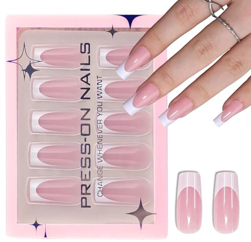French False Nails - Medium Long Press On Nails Square - Nude Pink French Tip False Nails - 30 Pcs Reusable White Tip Full Cover High Glossy Stick On Nails For Women Manicure DIY