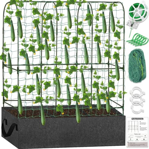 Garden Trellis with Planting Container, 64.5-inch Triangle Panel, 16.5W x 49.6L inches, Includes Netting and Ties