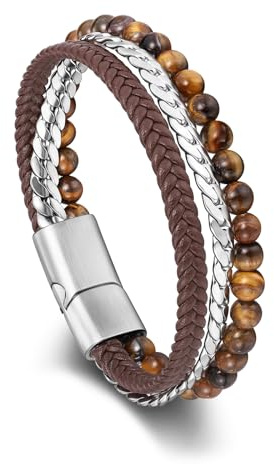 PiercingJak Herren Armband Tigerauge Steine Lederarmband für Männer Armreif aus Braun geflochten Echtleder Edelstahl Heilsteine Perlen Charm Schmuck Spirituelle Geschenke für Mann, 22cm