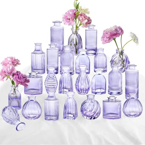 Glasvasen, 61 cm, kleine Violette Vase, Glasvasen für Blumen, Moderne, gerippte, farbige Knospenvase für Dekoration, Hochzeit, Blumenvase in Großpackung, Vintage-Dekor, Brautparty, Tafelaufsatz