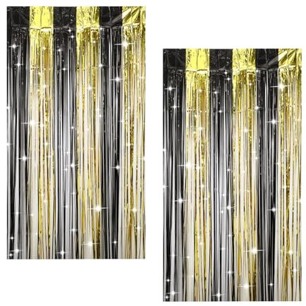 Jeqqinuz 2 Stück Lametta Vorhang Schwarz, Luftschlangen Gold Party Deko Geburtstagsdeko Mann für Casino Stilvolle Neujahr Glitzer Hintergrund Hochzeit Dekorationen, 1m x 2m Tinsel Folie