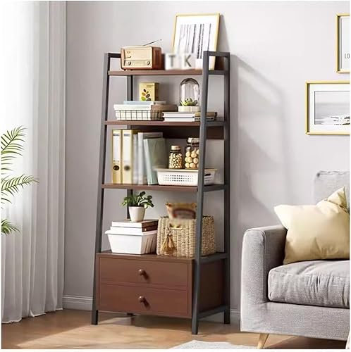 Leiterregal, Bücherregal, mit Schubladen, ideal für Badezimmer, Zuhause, Büro, freistehend, 2-stöckig, Metallrahmen, modernes Aufbewahrungsregal