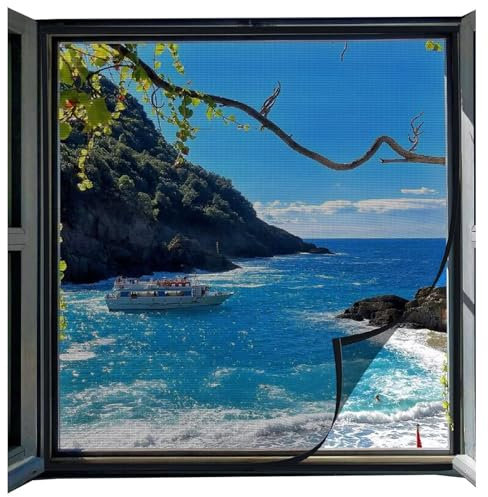 Zanzariera Tende Zanzariere Moschiera Adesiva, Schermo a Rete per Finestra, Zanzariere per Finestre con Cinghia con gancio e anello, 95x155cm Nero