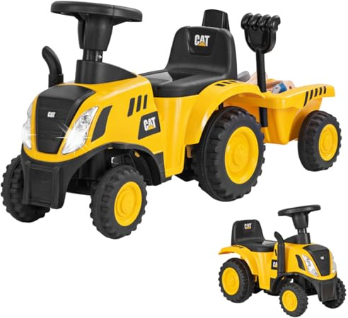 Maxmass Ride on Tractor and Trailer, Kids Sliding Toy Car with Detachable Trailer, LED Lights, Horn, Rake & Shovel, Foot to Floor Toddler Ride on Car for 12-36 Months Old (Yellow, 91 x 28 x 45cm)