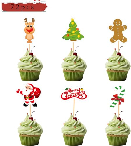 BOOSHMall 72 Stück Weihnachten Cupcake Toppers, Weihnachten Kuchen Topper für Dekoration, Schneemann Weihnachtsbaum Zahnstocher Flaggen, Xmas Thema Party Kuchen Dekorationen Zubehör