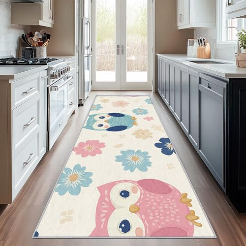 Generisch Läufer Flur Cartoon Eule, Waschbarer Teppich Läufer Kinder Süße Vogel Blumen 60x120, Küchenteppich, Eingangsbereich, Bettvorleger, Schlafzimmer Deko, rutschfest, Kurzflor g242