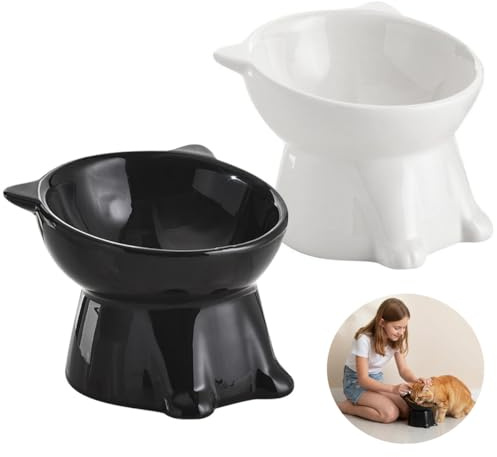 sengcengs 2 stycken mat- och vattenskålar för katt, husdjursmatskärl, upphöjd kattskål, lutande design, kattmatsskål, kattmatssats för kattmat och vatten (vit och svart)