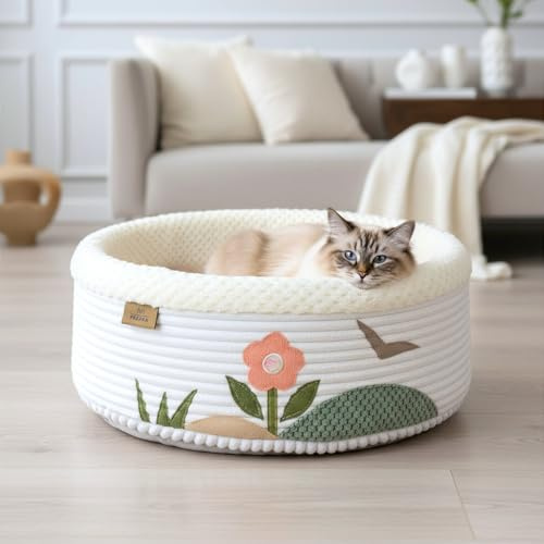 PRASKA Garden Premium Katzenbett & Hundebett – Ø 50 cm – gemütliche Höhle mit weichem Kunstfell, herausnehmbarem Kissen & Blumen-Applikationen – handgefertigt in Polen