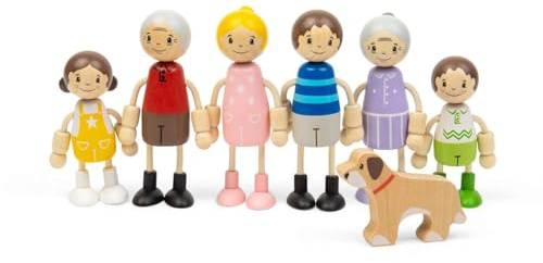 Bigjigs Toys Generational Family Dolls | 7er Set Puppenhaus Menschen aus Holz | Kleine Spielzeugfamilien | Kinder, Eltern, Großeltern & Hundefiguren für Puppenhaus | Rollenspielsets für Kinder ab 18